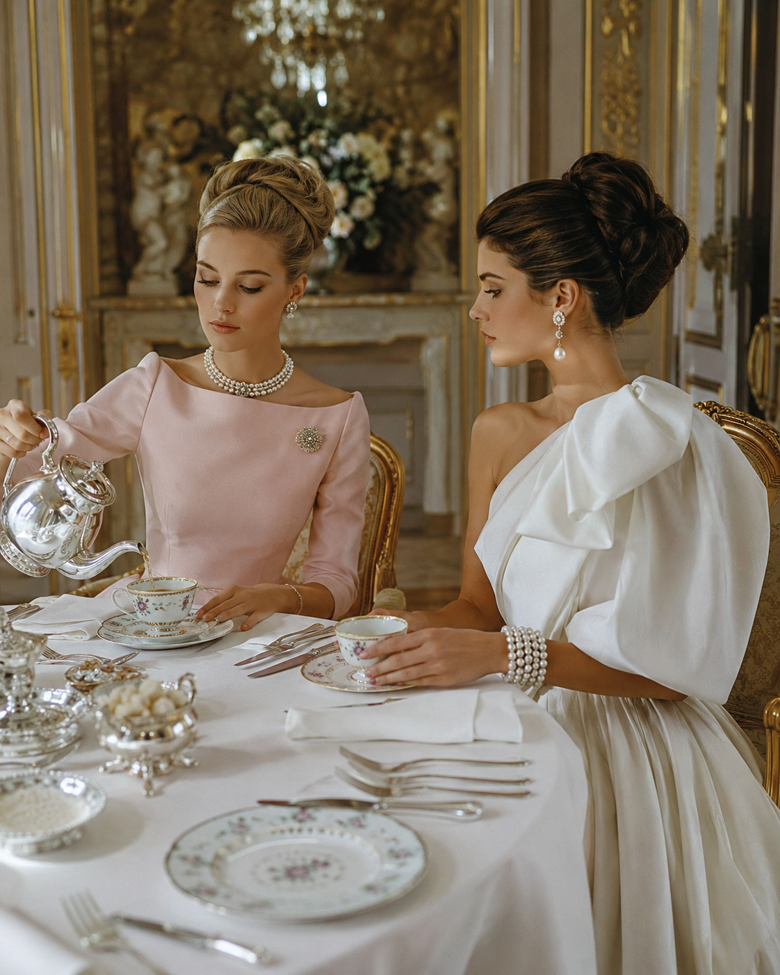 afternoon tea room in gilded salon with chandelier and florals, woman in pink pouring tea for woman in white ruffled dress, pearls, close-up table