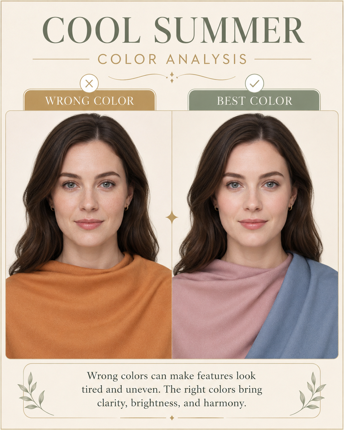 True Summer color analysis: brunette woman, wrong (orange) vs best (soft teal) drape