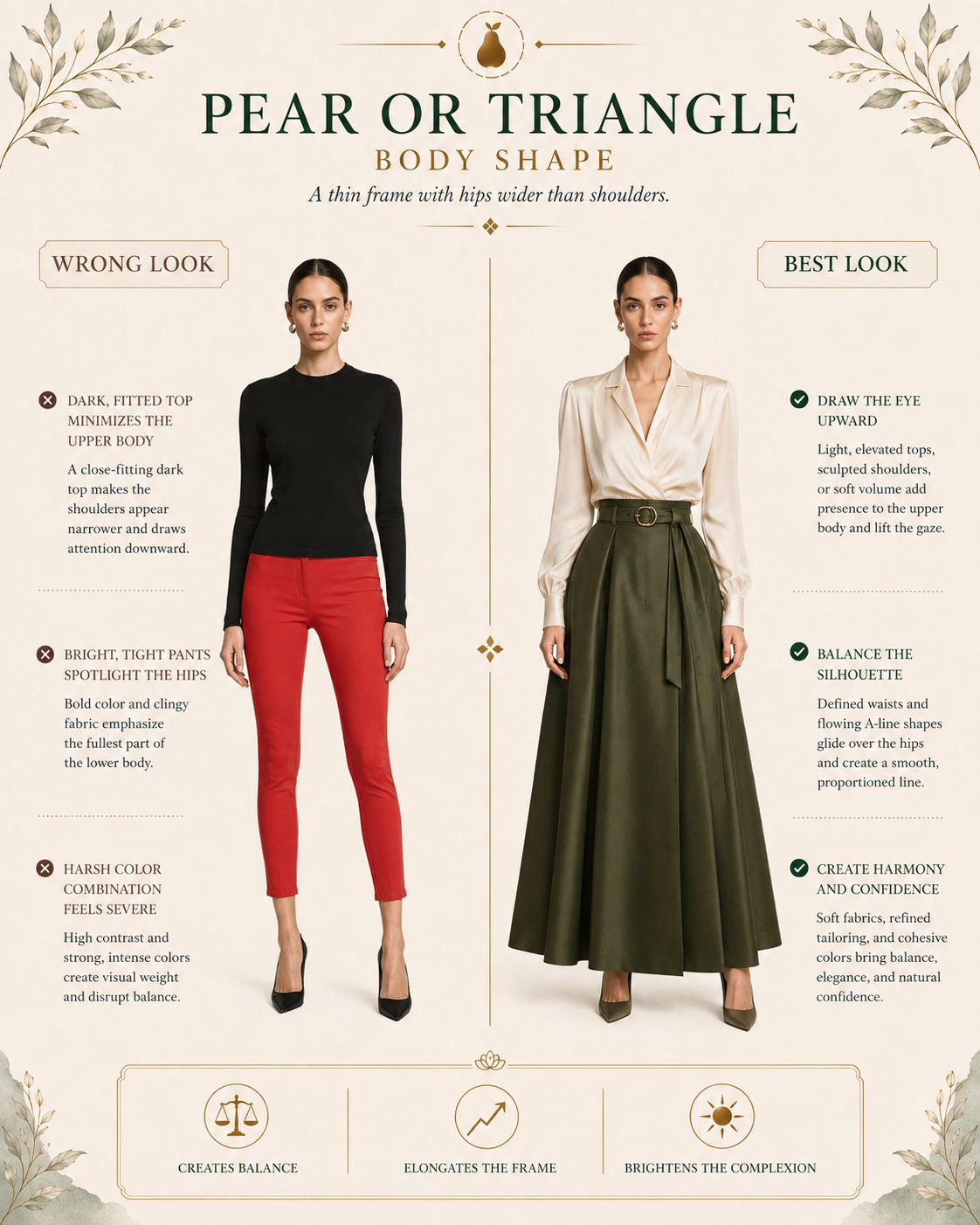 Pear/Triangle body shape (thin frame) wrong vs best look, red trousers vs olive full skirt