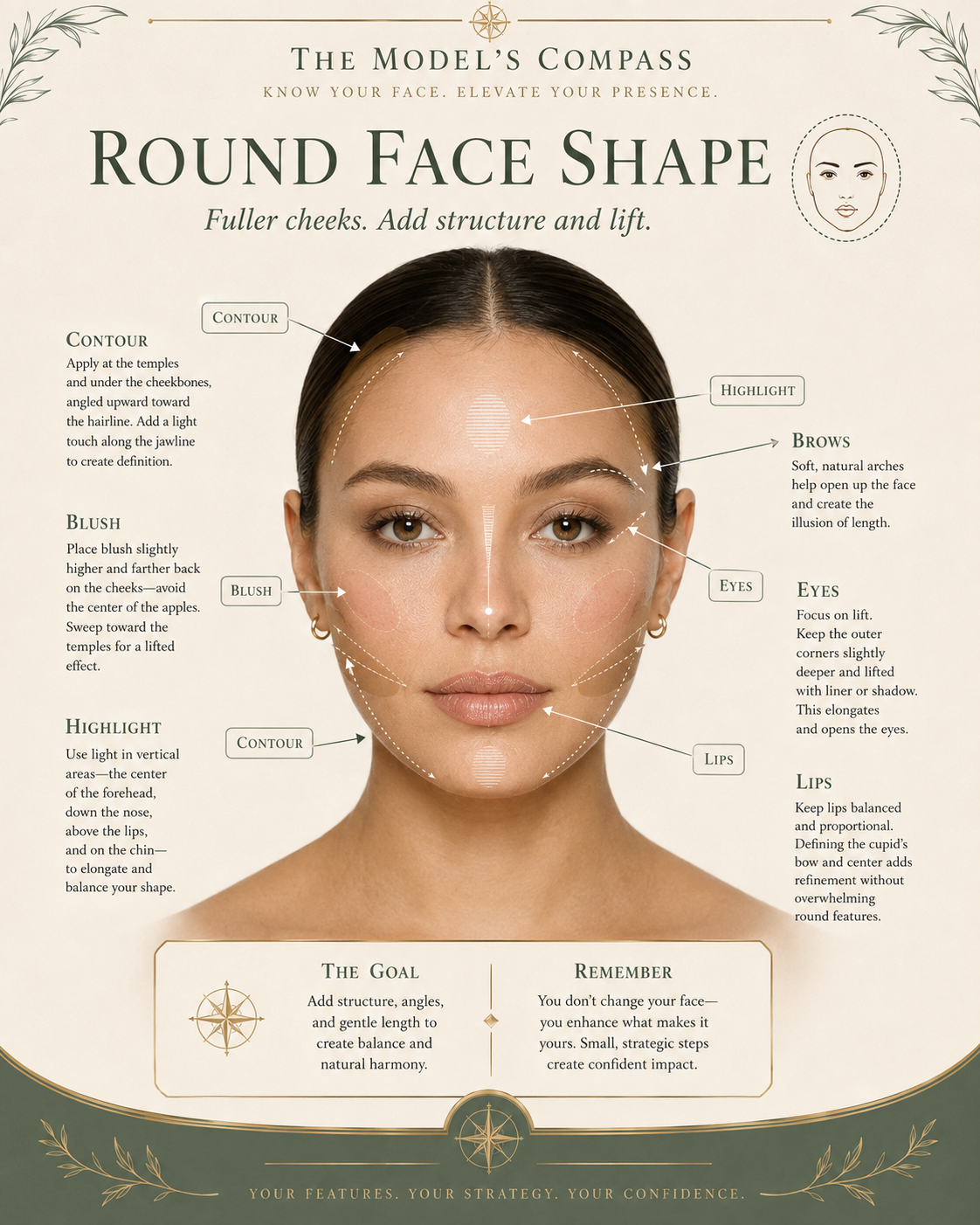 Round face shape makeup placement map, beauty portrait with callouts