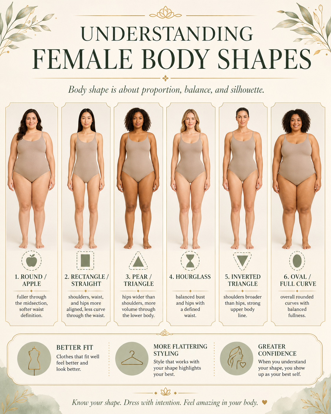 infographic: Understanding Female Body Shapes, six women lineup in nude bodysuits