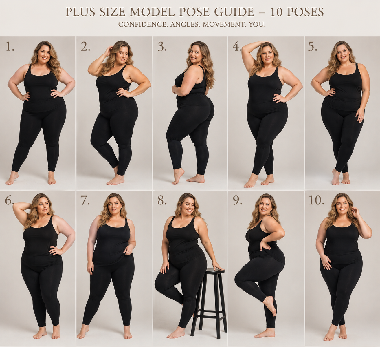 Model Pose Guide, 10-pose grid, plus-size woman in black leggings and tank, barefoot, studio