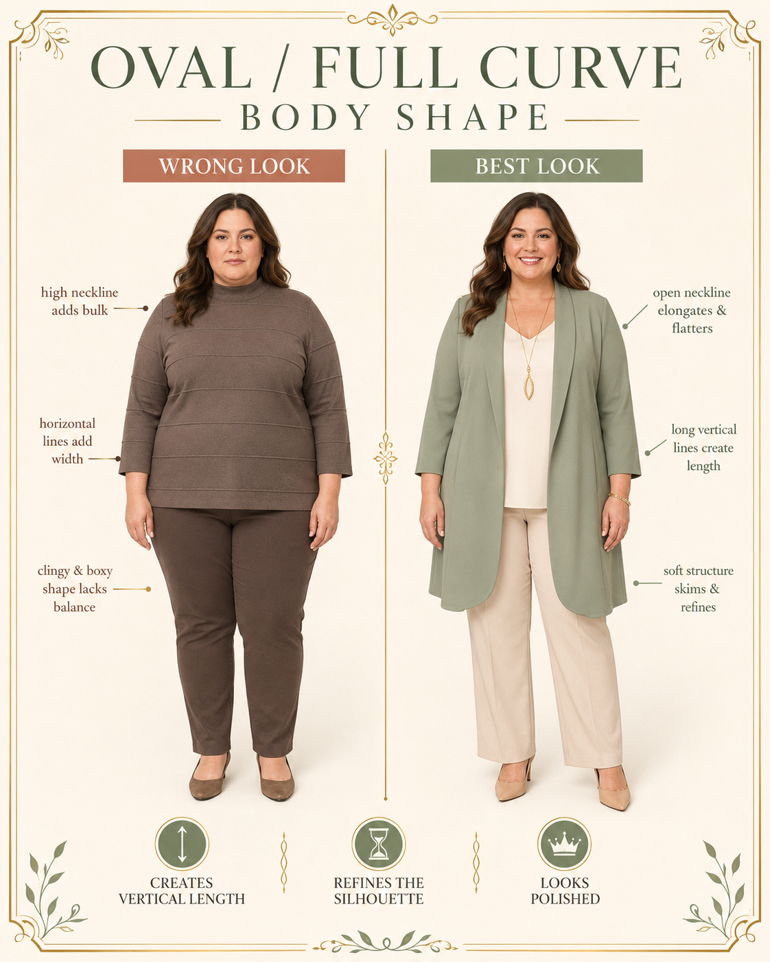 Full Curve body shape wrong vs best look, plus-size woman, brown knit vs sage cardigan layers