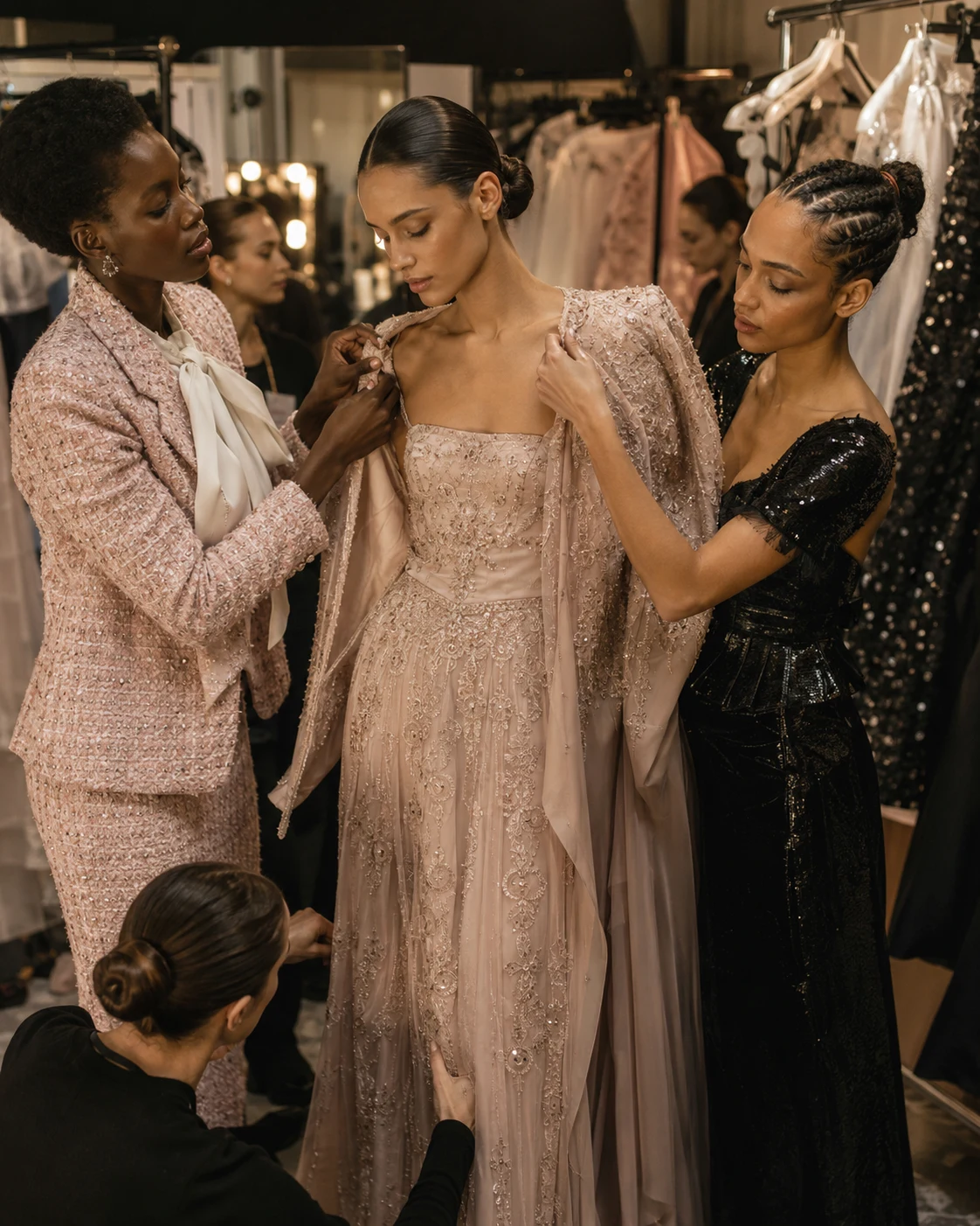 backstage dressing room with mirror lights and clothing rails, two dressers in pink tweed adjusting beaded blush gown on model