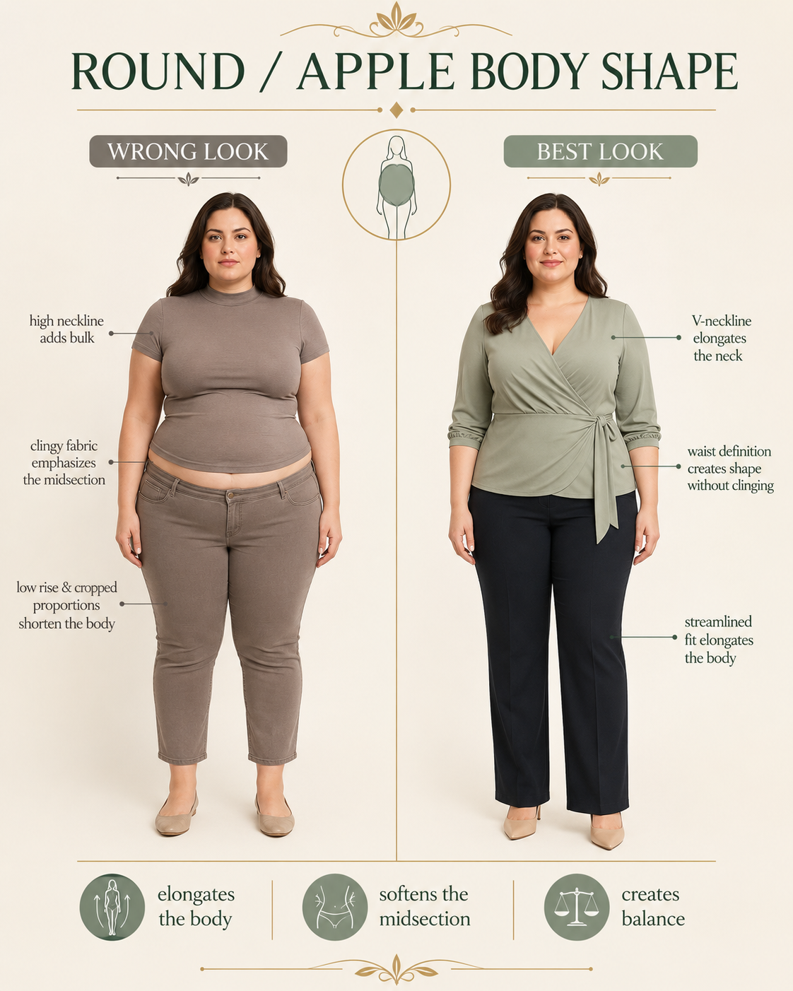 Apple body shape wrong vs best look, plus-size woman, taupe tee vs sage wrap top and dark trousers