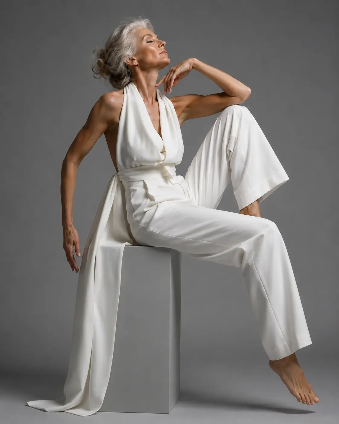 mature silver-haired woman, grey studio backdrop seated on white cube in white halter jumpsuit, dramatic angular arms
