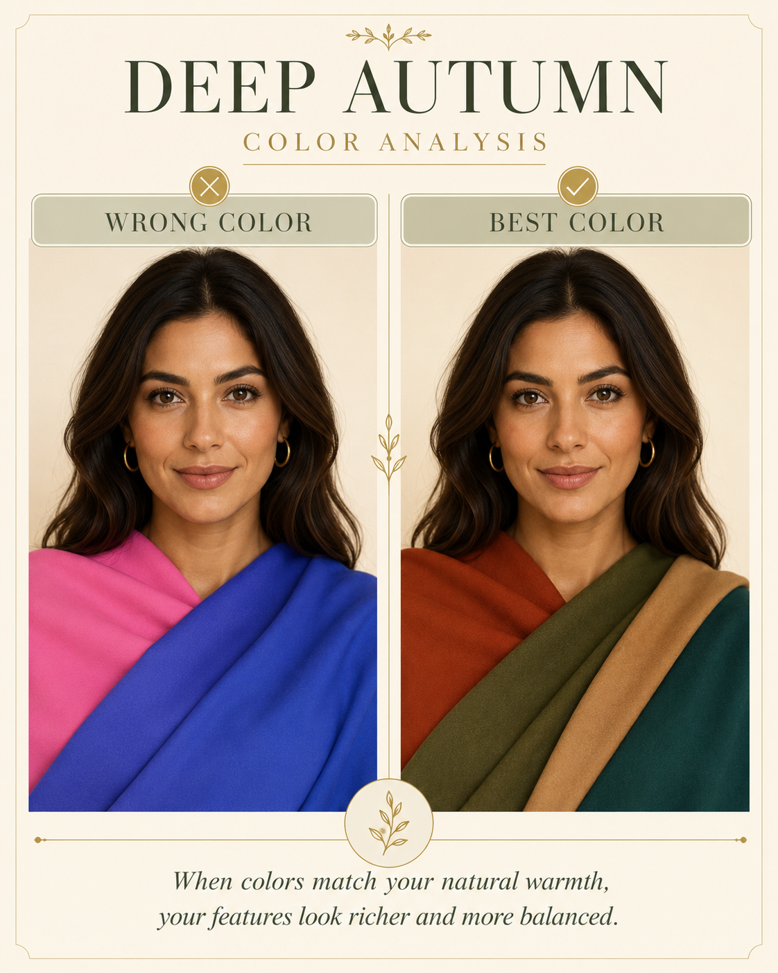 Deep Autumn color analysis: brunette woman, wrong (fuchsia/blue) vs best (olive/rust) drape