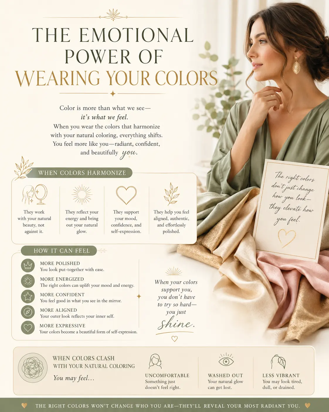 infographic: The Emotional Power of Wearing Your Colors, woman in green blouse holding card