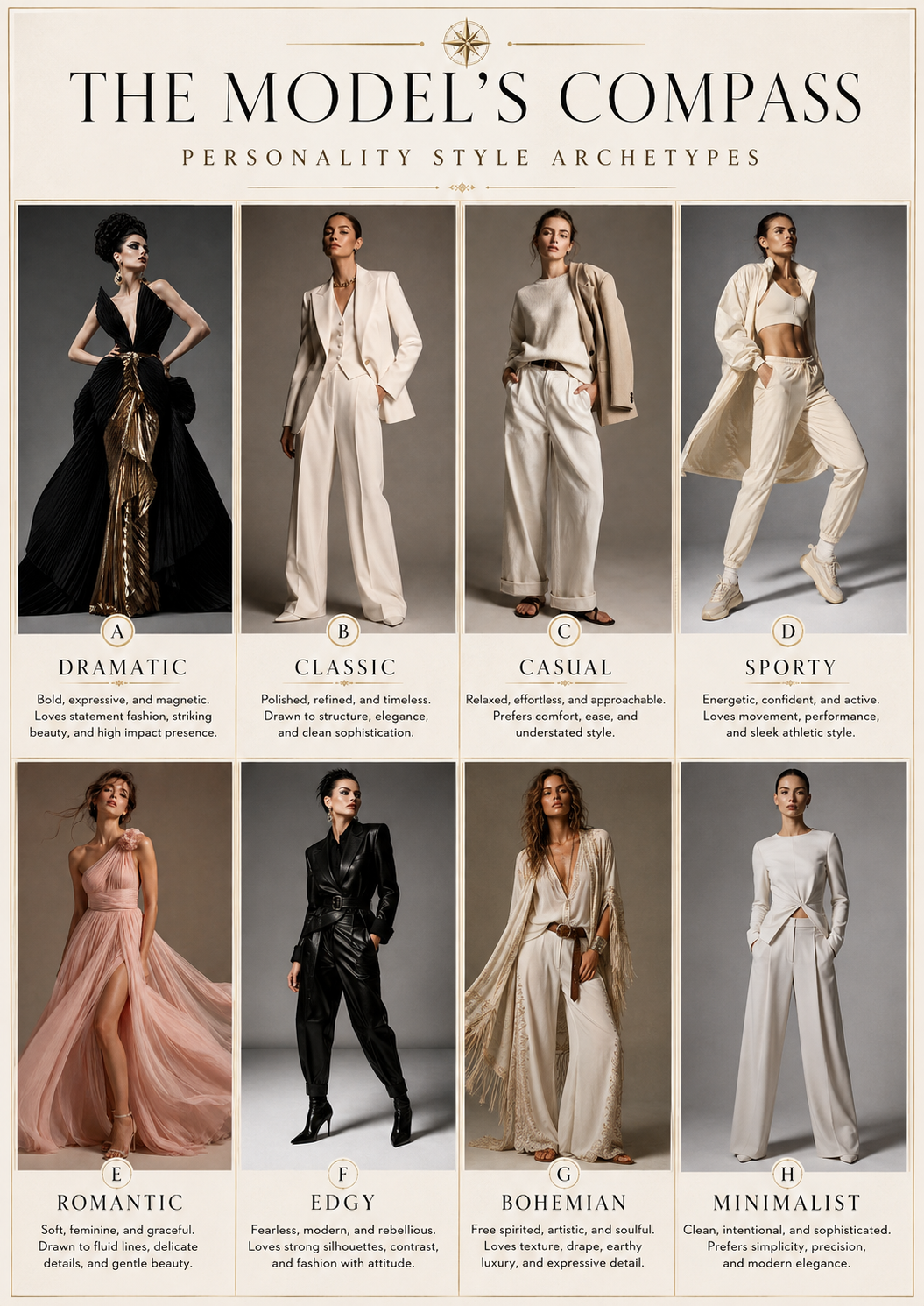 The Model's Compass Personality Style Archetypes, 8-panel grid (dramatic, classic, casual, sporty, romantic, edgy, bohemian, minimalist)