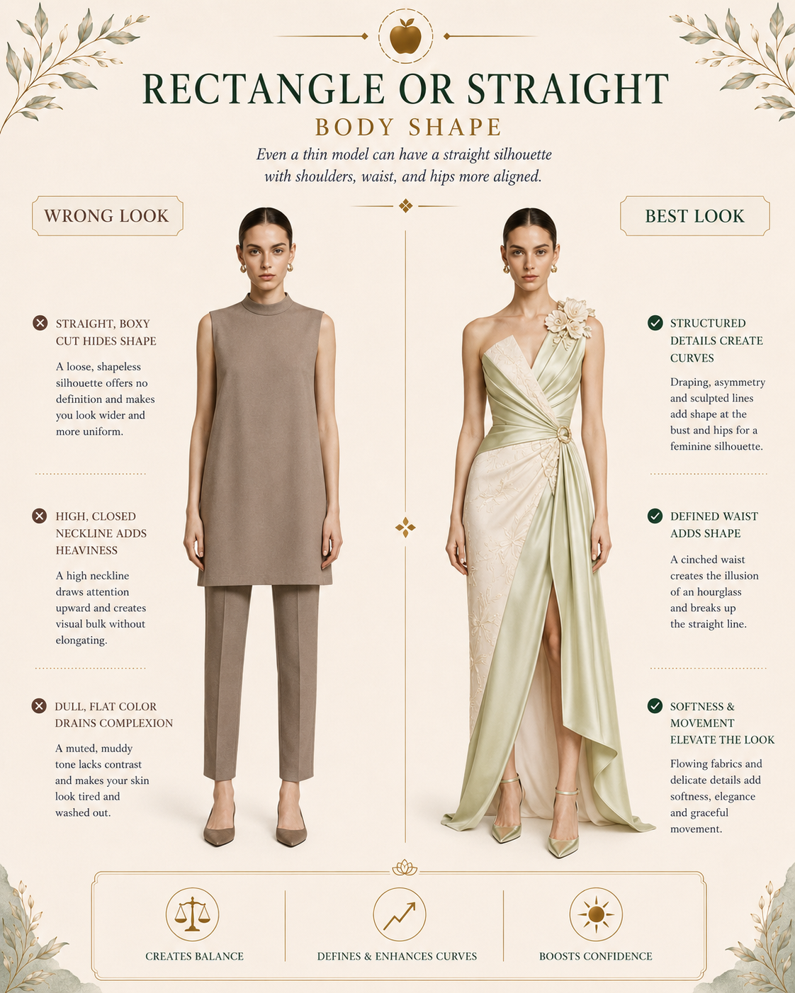 Rectangle/Straight body shape (thin frame) wrong vs best look, boxy set vs draped gown