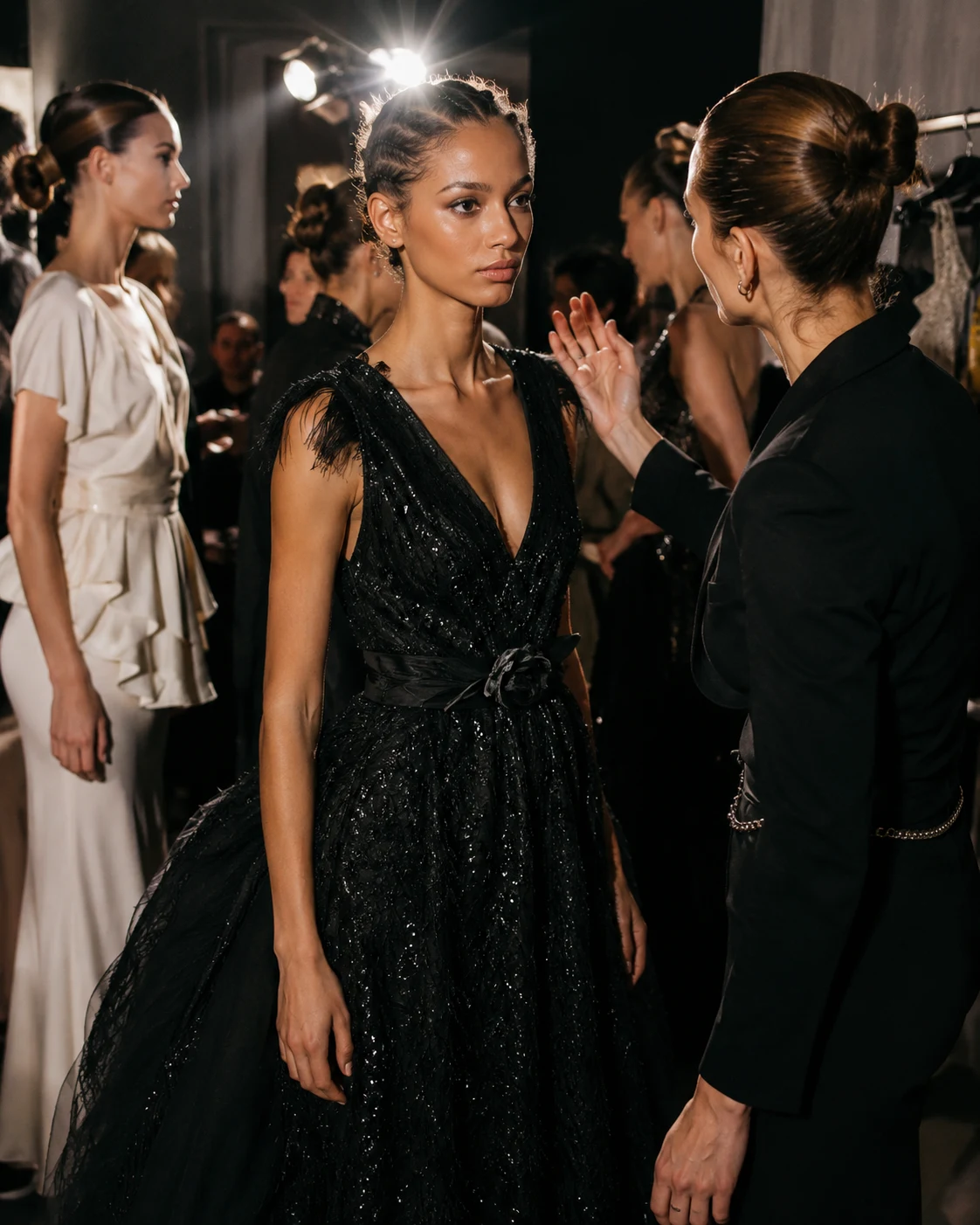 backstage dressing room with mirror lights and clothing rails, model in black beaded gown composed while makeup artist applies finishing touches, others in mirror