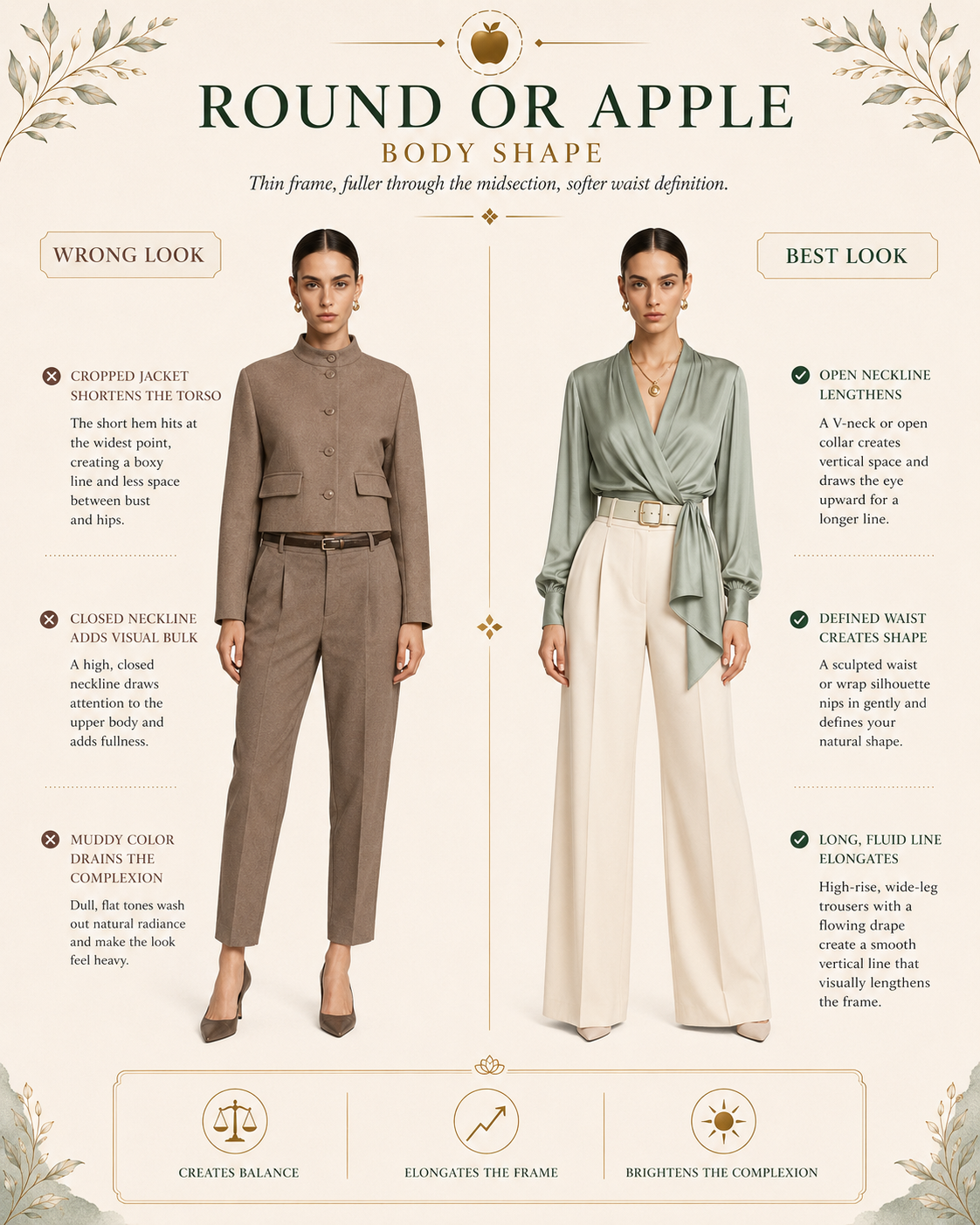 Round/Apple body shape (thin frame) wrong vs best look, cropped jacket vs open-neck drape