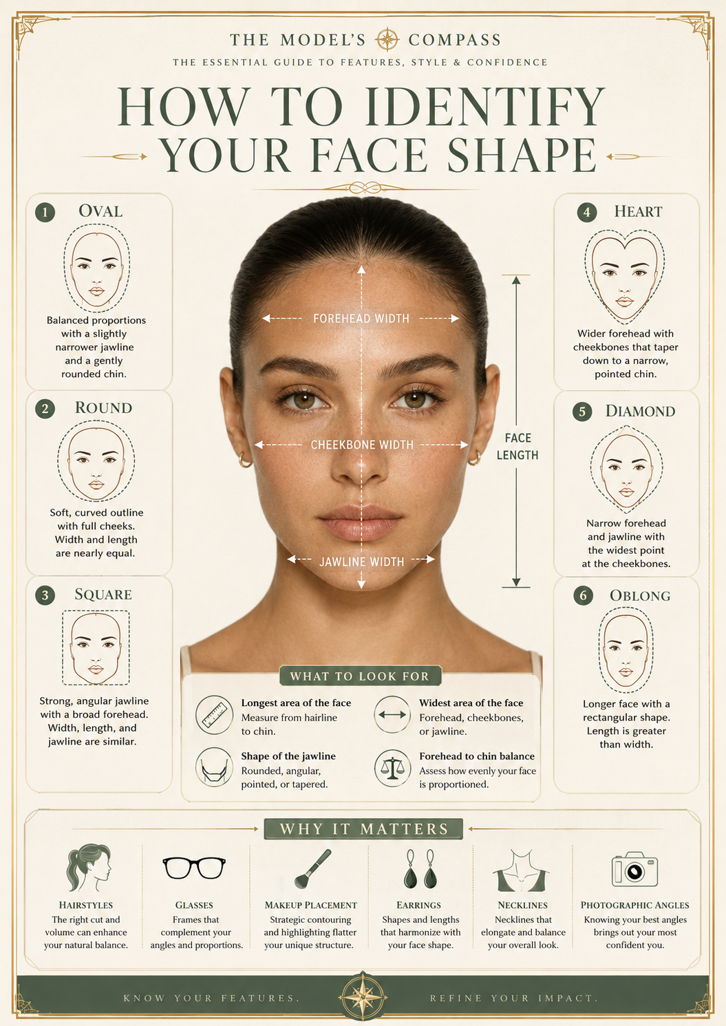 infographic: How to Identify Your Face Shape, annotated bare-skin face with measurement lines