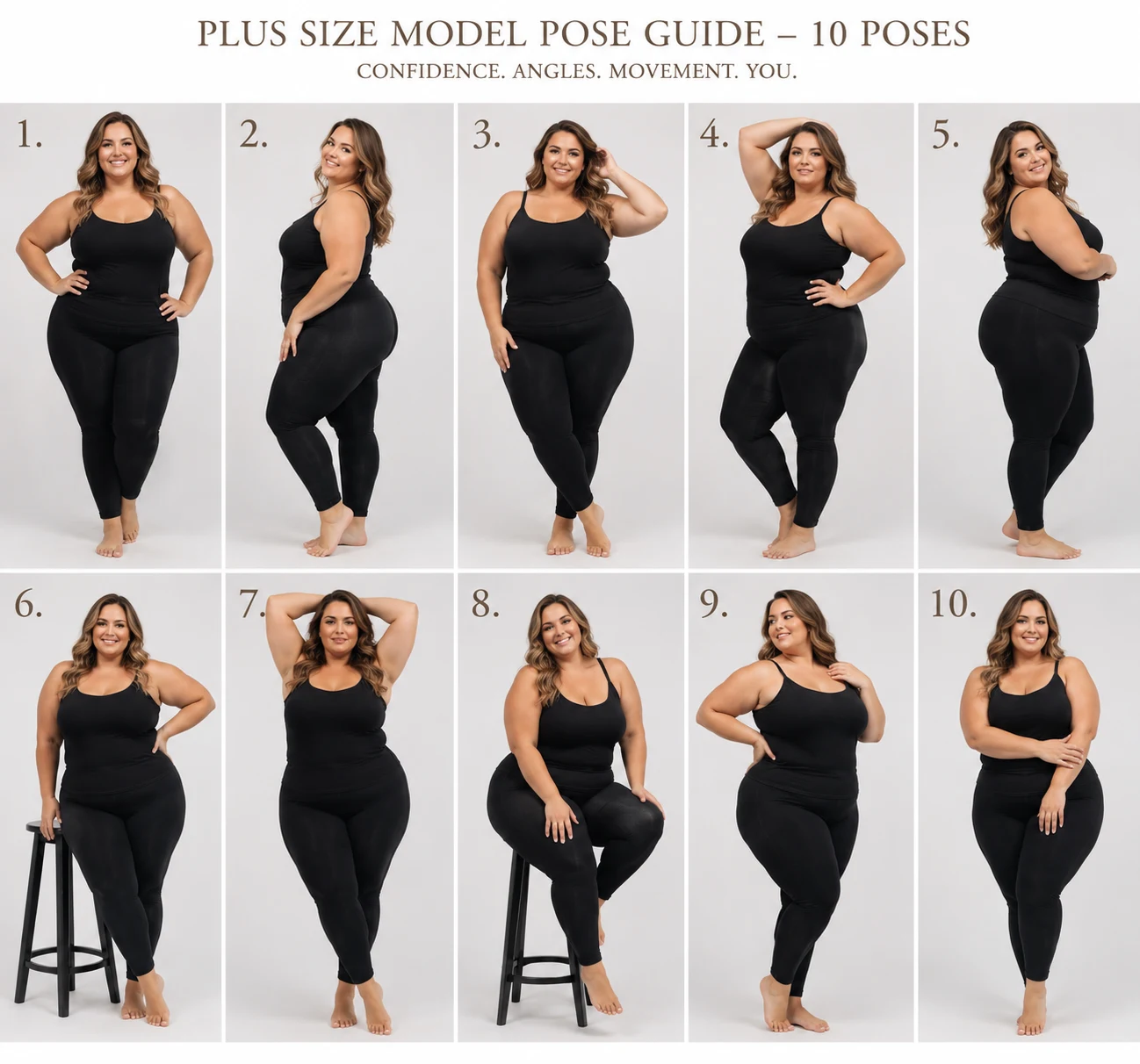 Model Pose Guide, 10-pose grid variant, plus-size woman in black leggings and tank