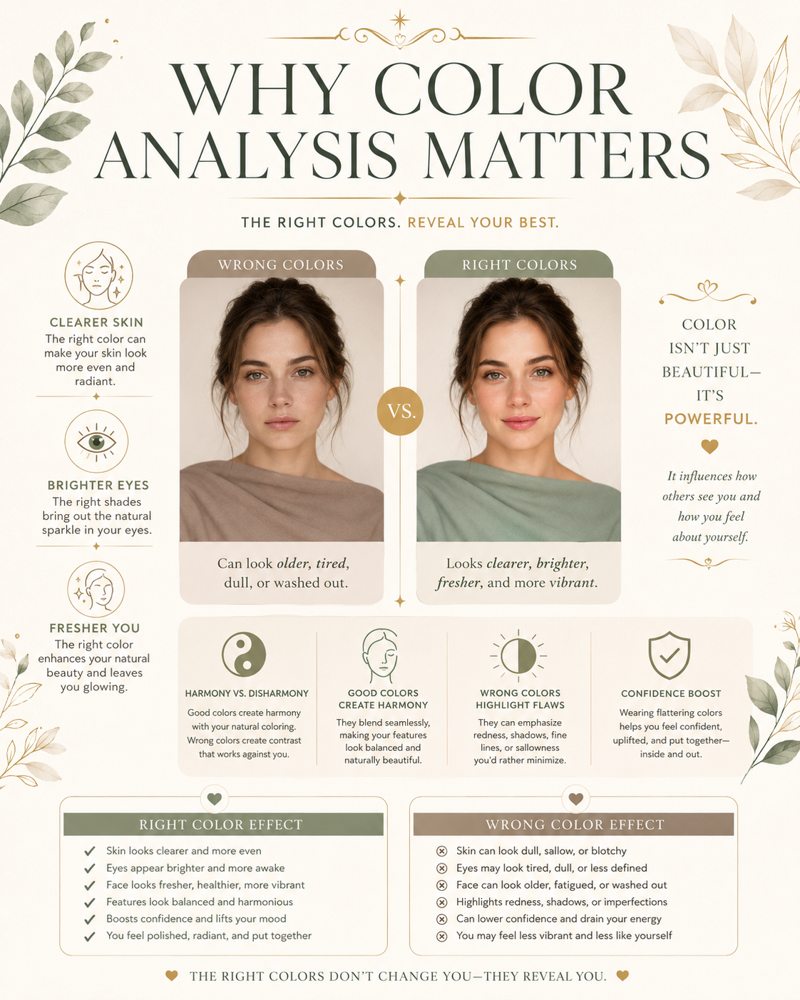 infographic: Why Color Analysis Matters, wrong vs right color on woman's face