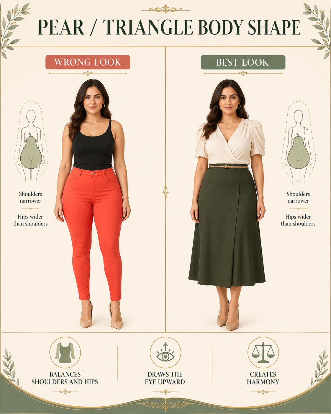 Triangle body shape wrong vs best look, red jeans vs olive A-line skirt