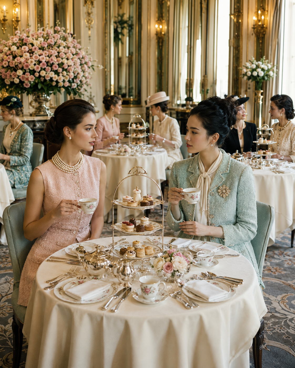 afternoon tea room in gilded salon with chandelier and florals, two women in pastel dresses at tiered tea stand, conversing