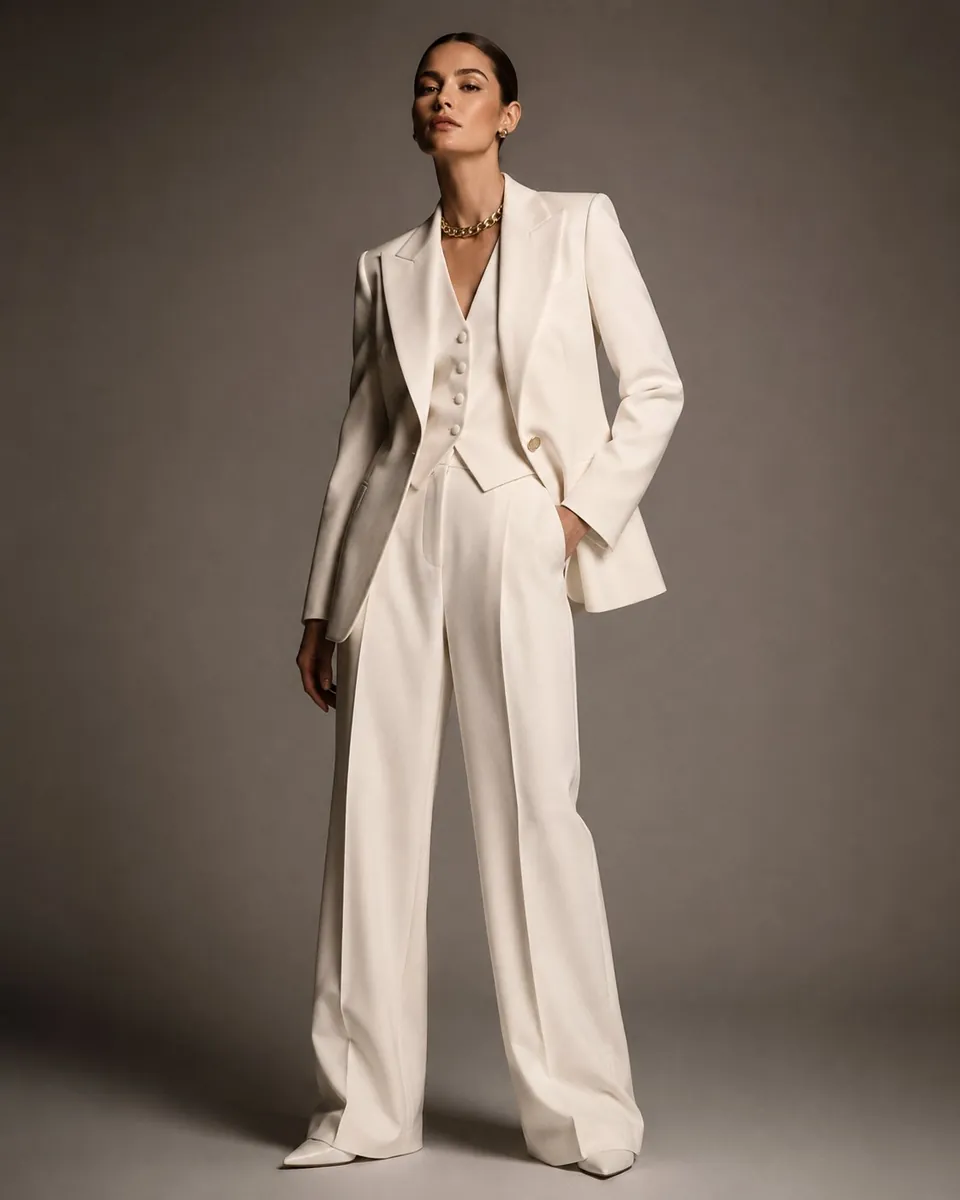 Classic style archetype: woman in ivory three-piece suit, hands in pockets