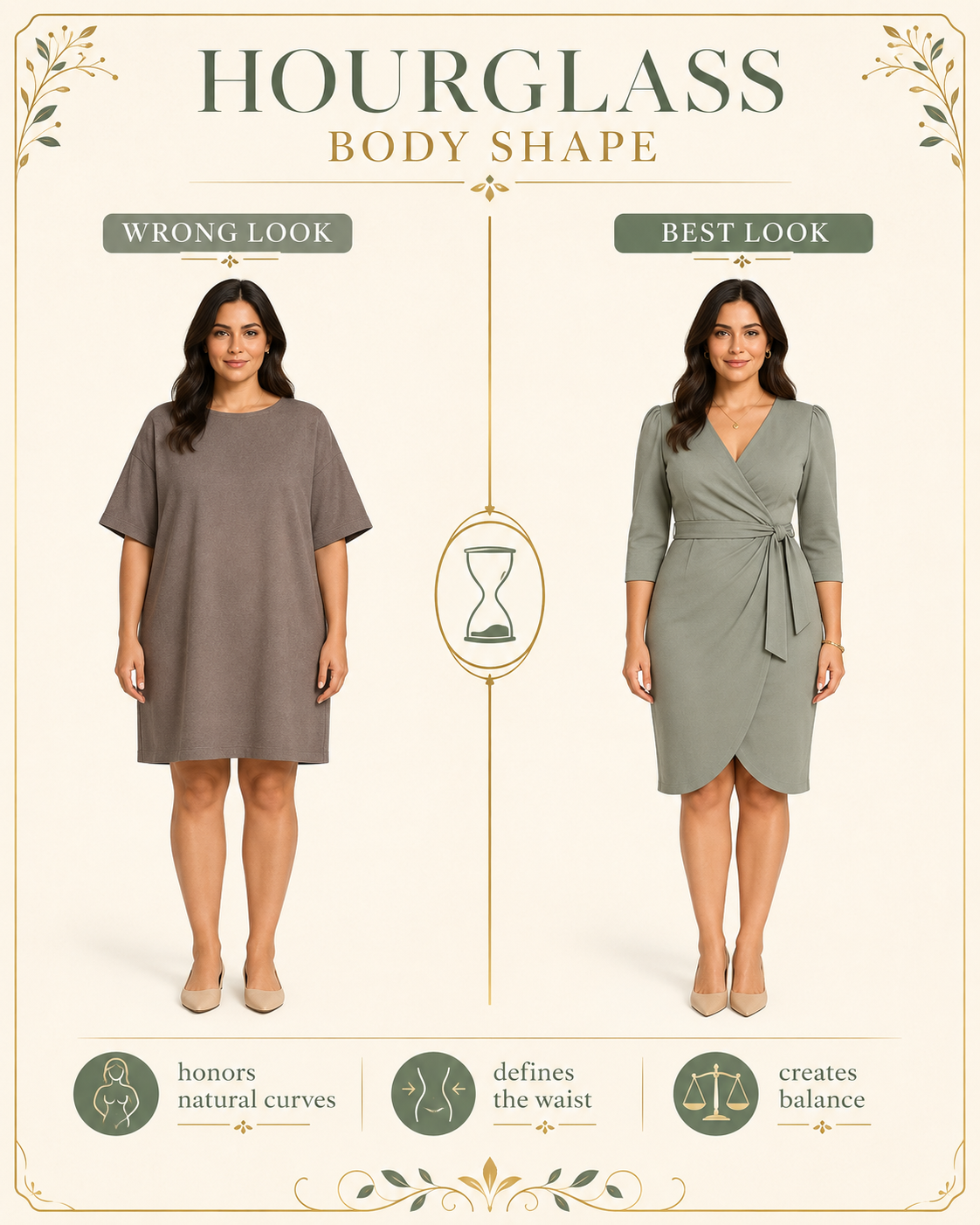 Hourglass body shape wrong vs best look, shapeless grey dress vs sage wrap dress