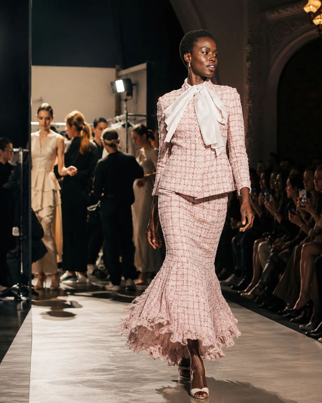 runway: model in pink tweed skirt suit with bow blouse walking the catwalk past seated audience