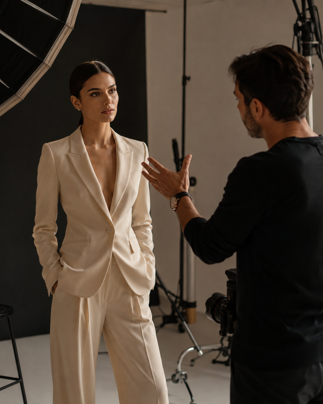 studio shoot: photographer directing model in cream suit under studio lights