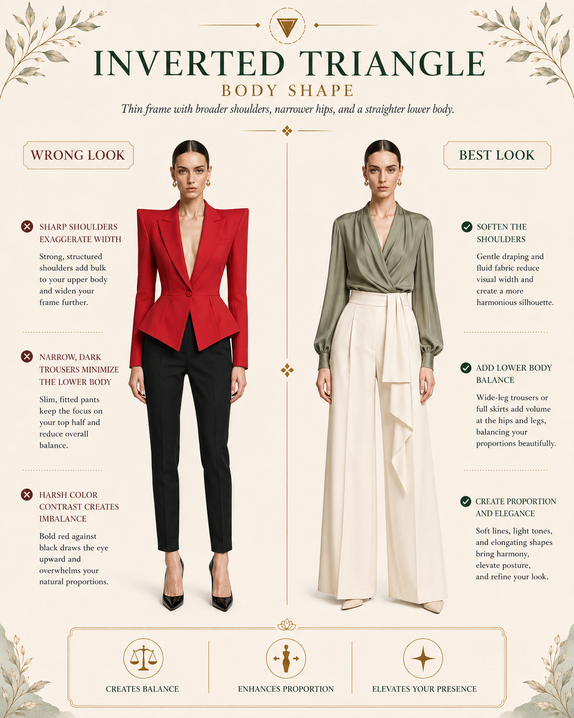 Inverted Triangle body shape (thin frame) wrong vs best look, red power blazer vs soft wrap and wide trousers