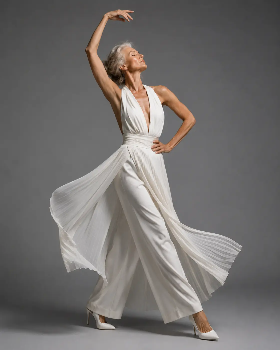 mature silver-haired woman, grey studio backdrop in flowing white pleated gown and white heels, skirt in motion, arm up