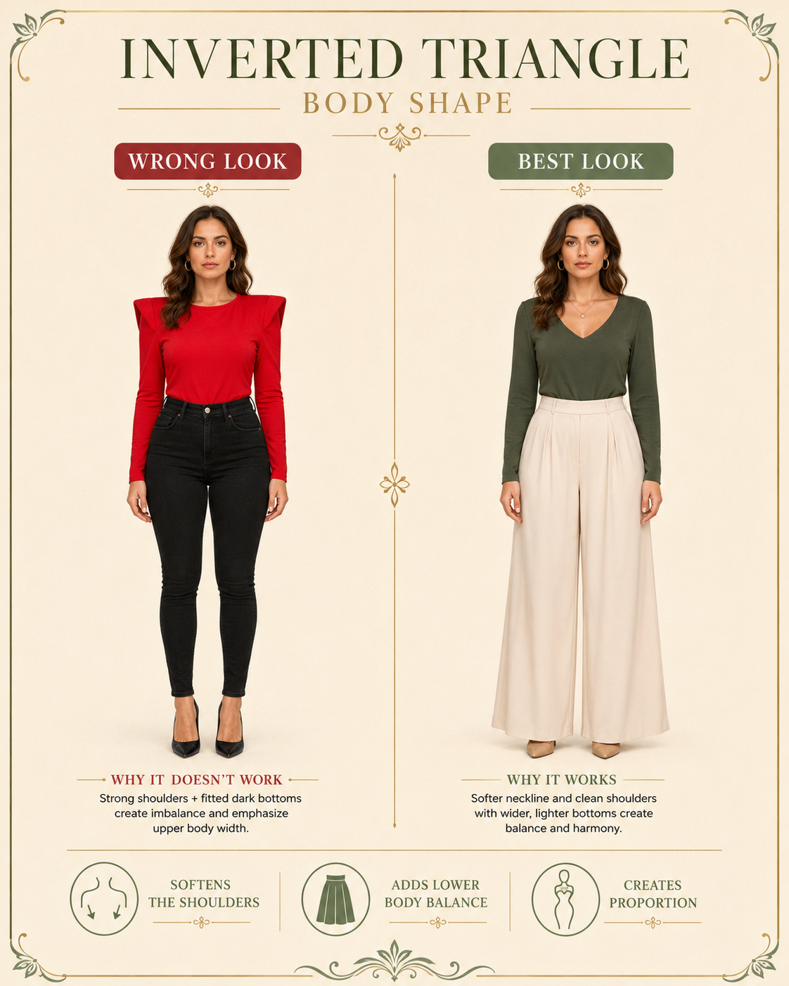 Inverted Triangle body shape wrong vs best look, red top and skinny jeans vs green top and wide trousers