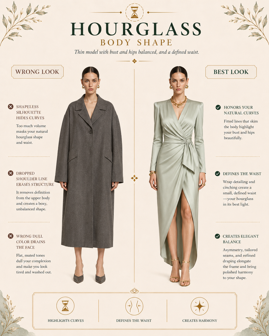 Hourglass body shape (thin frame) wrong vs best look, oversized grey coat vs sage wrap dress