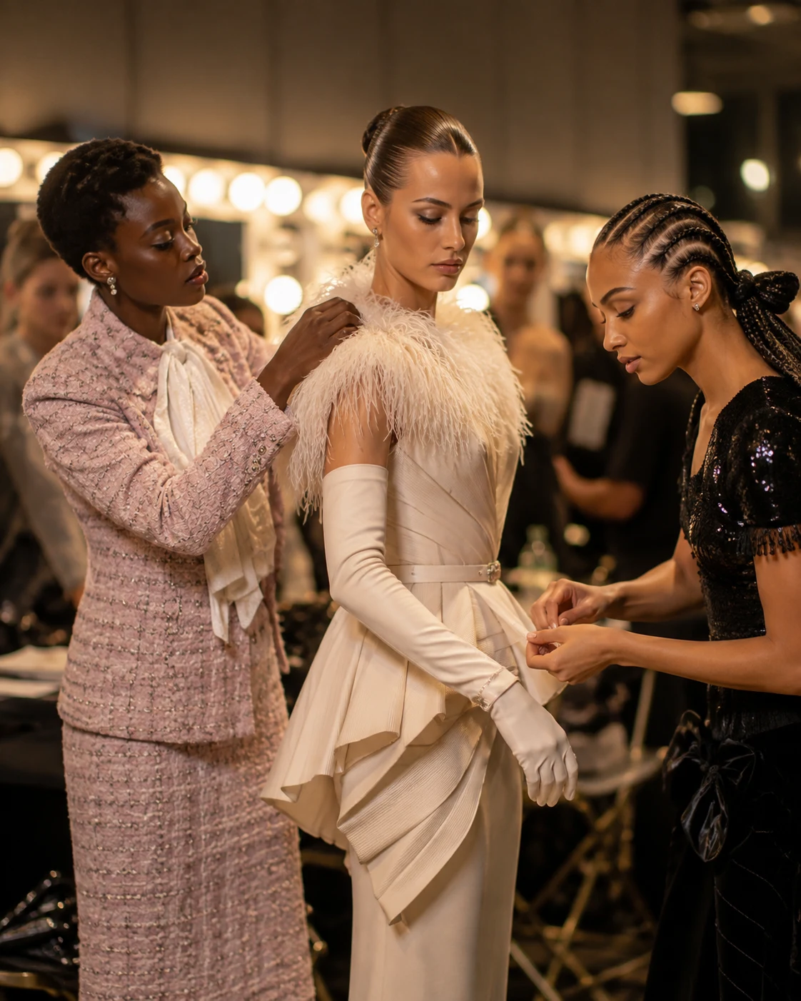 backstage dressing room with mirror lights and clothing rails, model in cream feather-trimmed gown with long gloves being dressed by two attendants
