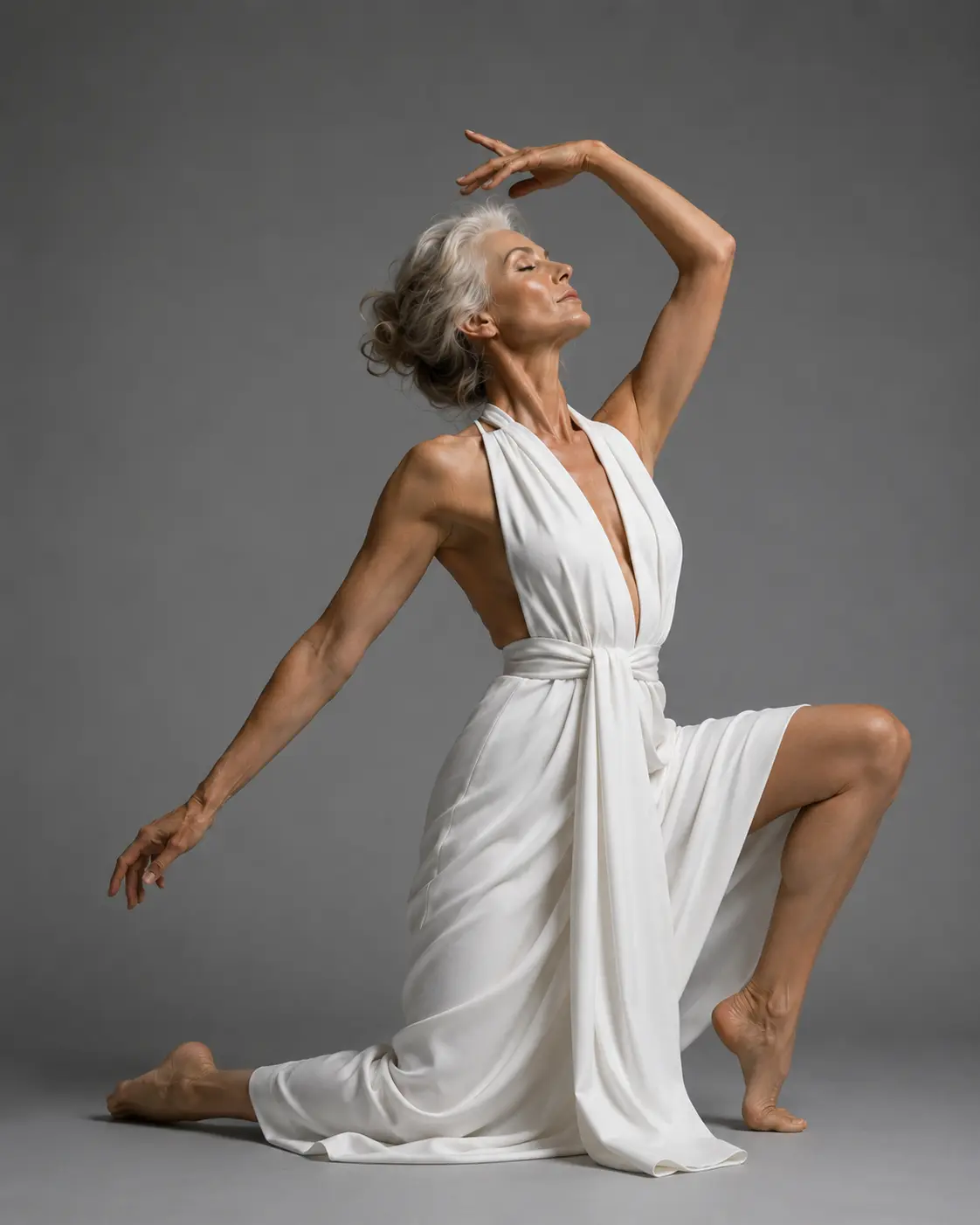 mature silver-haired woman, grey studio backdrop kneeling in white halter gown with slit, arm overhead