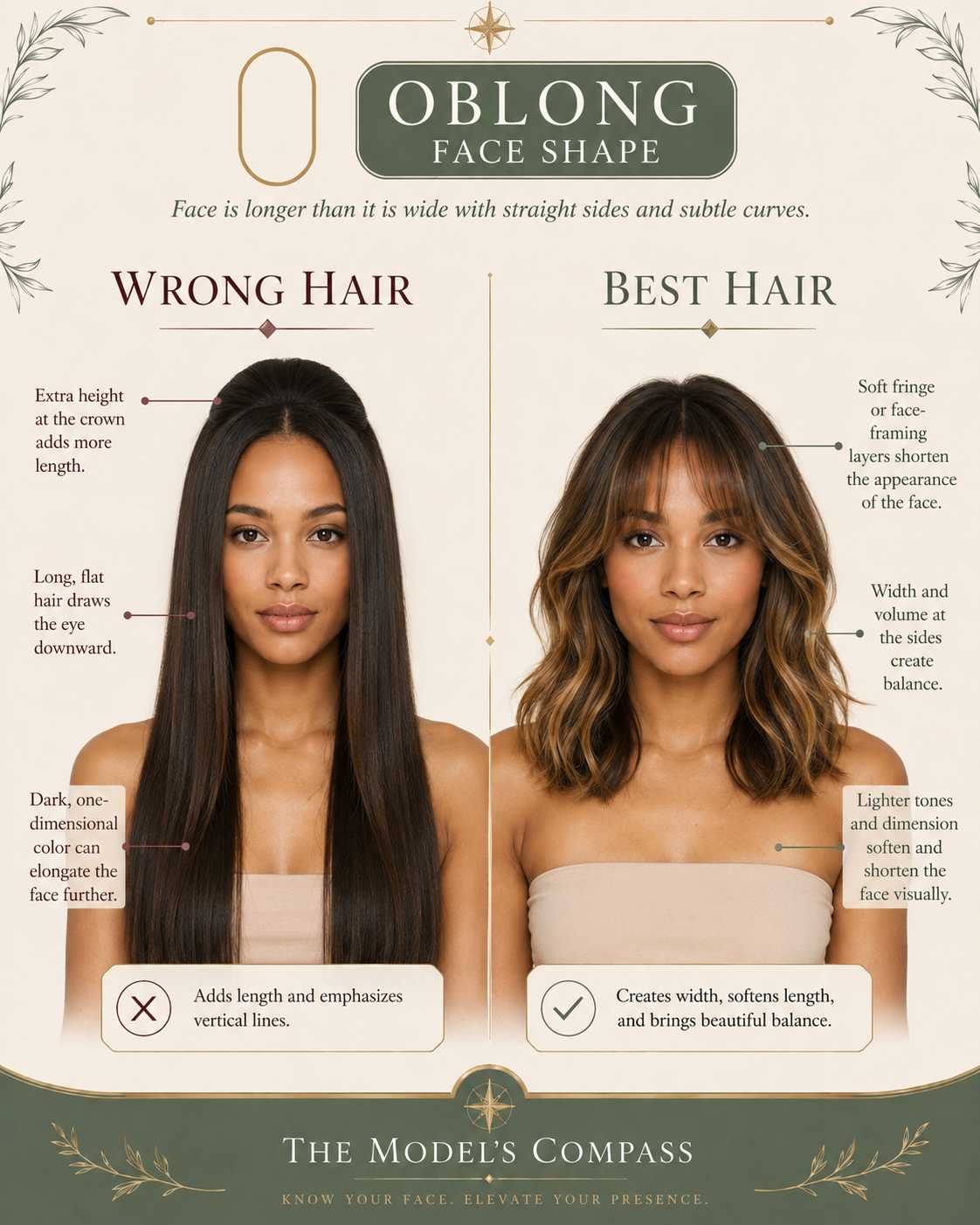 Oblong face shape wrong vs best hair, long straight vs fringe with volume, dark-skinned woman