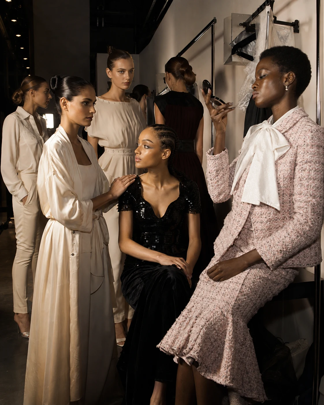 backstage dressing room with mirror lights and clothing rails, models waiting while makeup artist works on seated model in pink tweed, others supporting