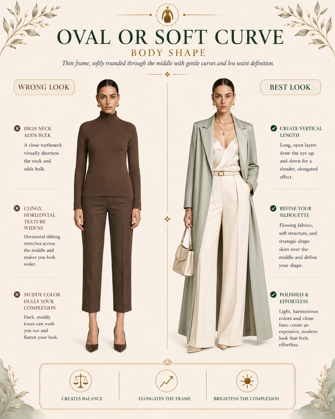 Oval/Soft Curve body shape (thin frame) wrong vs best look, brown turtleneck vs sage long coat