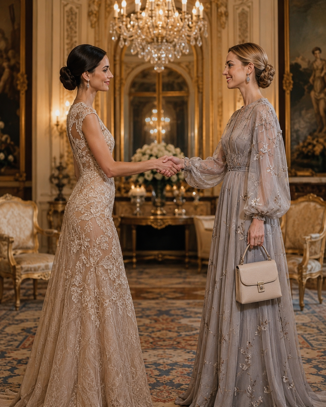 afternoon tea room in gilded salon with chandelier and florals, two women in embellished gowns shaking hands, one carrying handbag