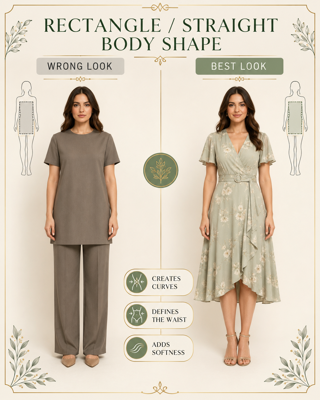 Rectangle/Straight body shape wrong vs best look, tunic vs floral wrap dress