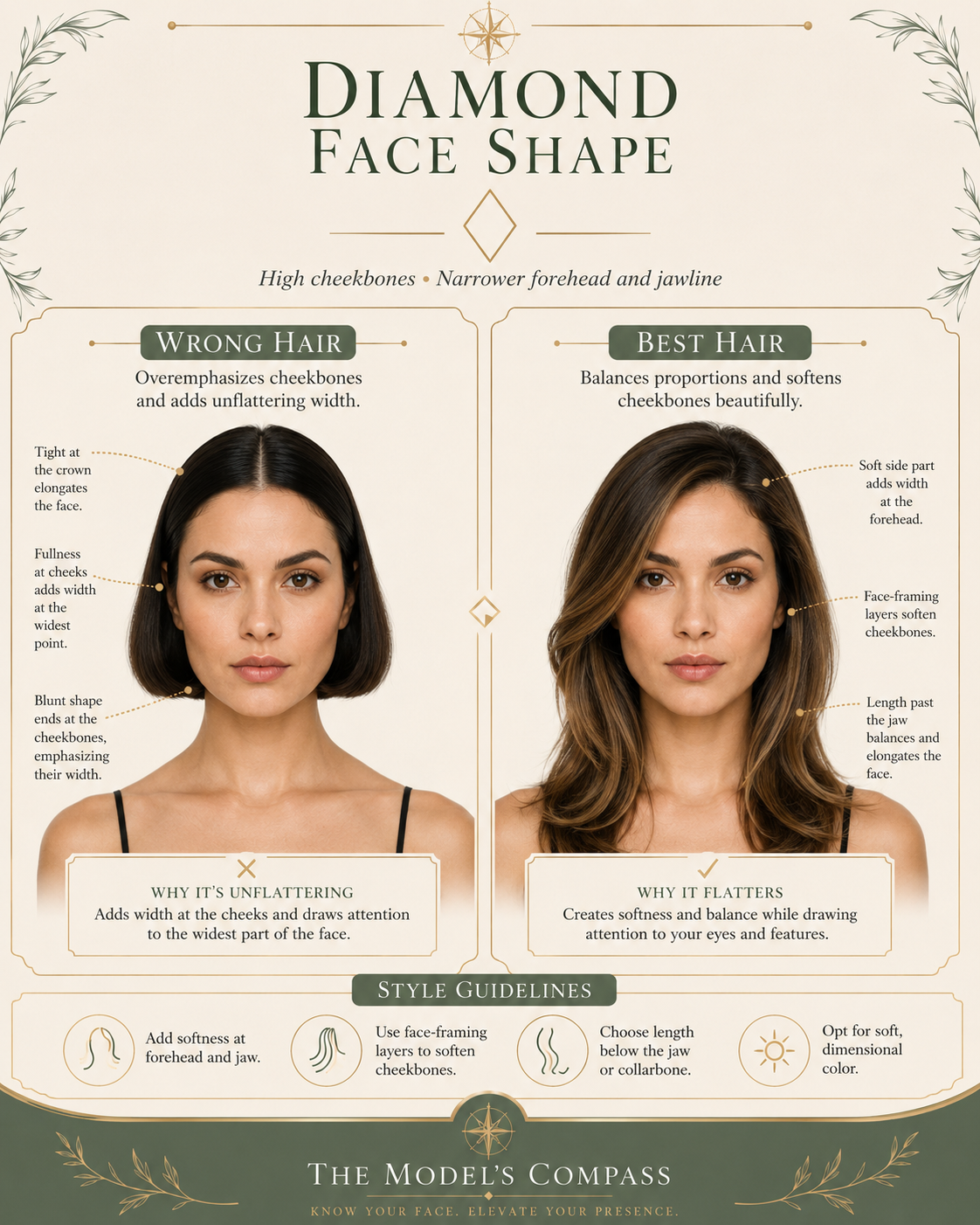 Diamond face shape wrong vs best hair, slicked back vs soft chin-length layers