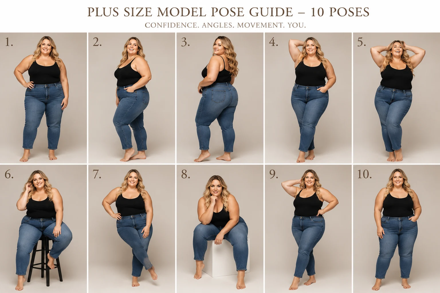 Model Pose Guide, 10-pose grid, plus-size woman in blue denim jeans and black tank, seated and standing