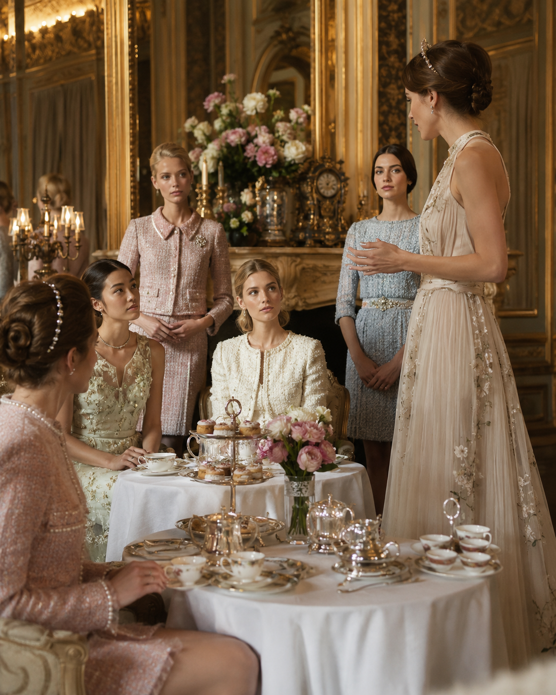 afternoon tea room in gilded salon with chandelier and florals, group of women in pastel around tiered stands, one standing presenting to the table