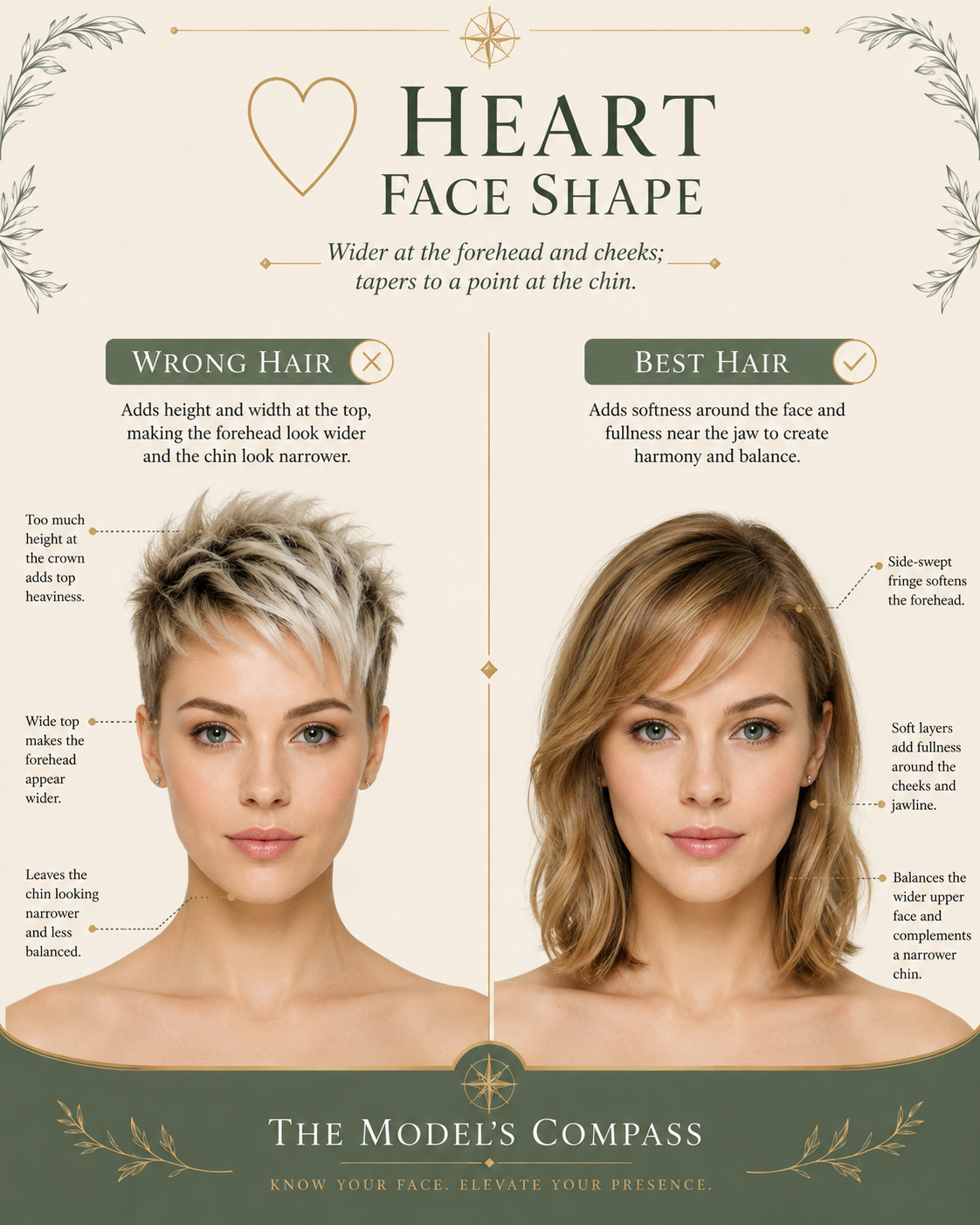 Heart face shape wrong vs best hair, short cropped vs side-swept layers, blonde woman