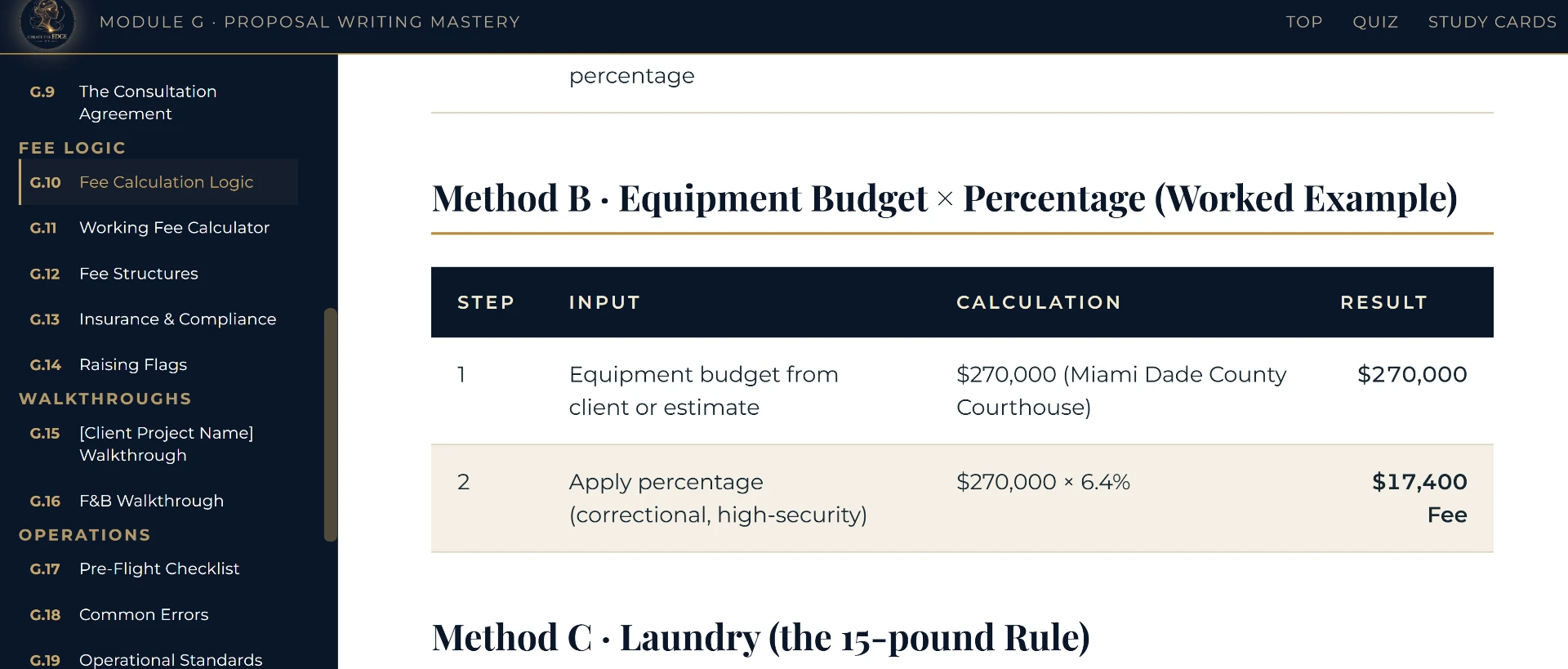 Create The Edge Academy — Module G Proposal Writing Mastery, fee calculation logic worked example