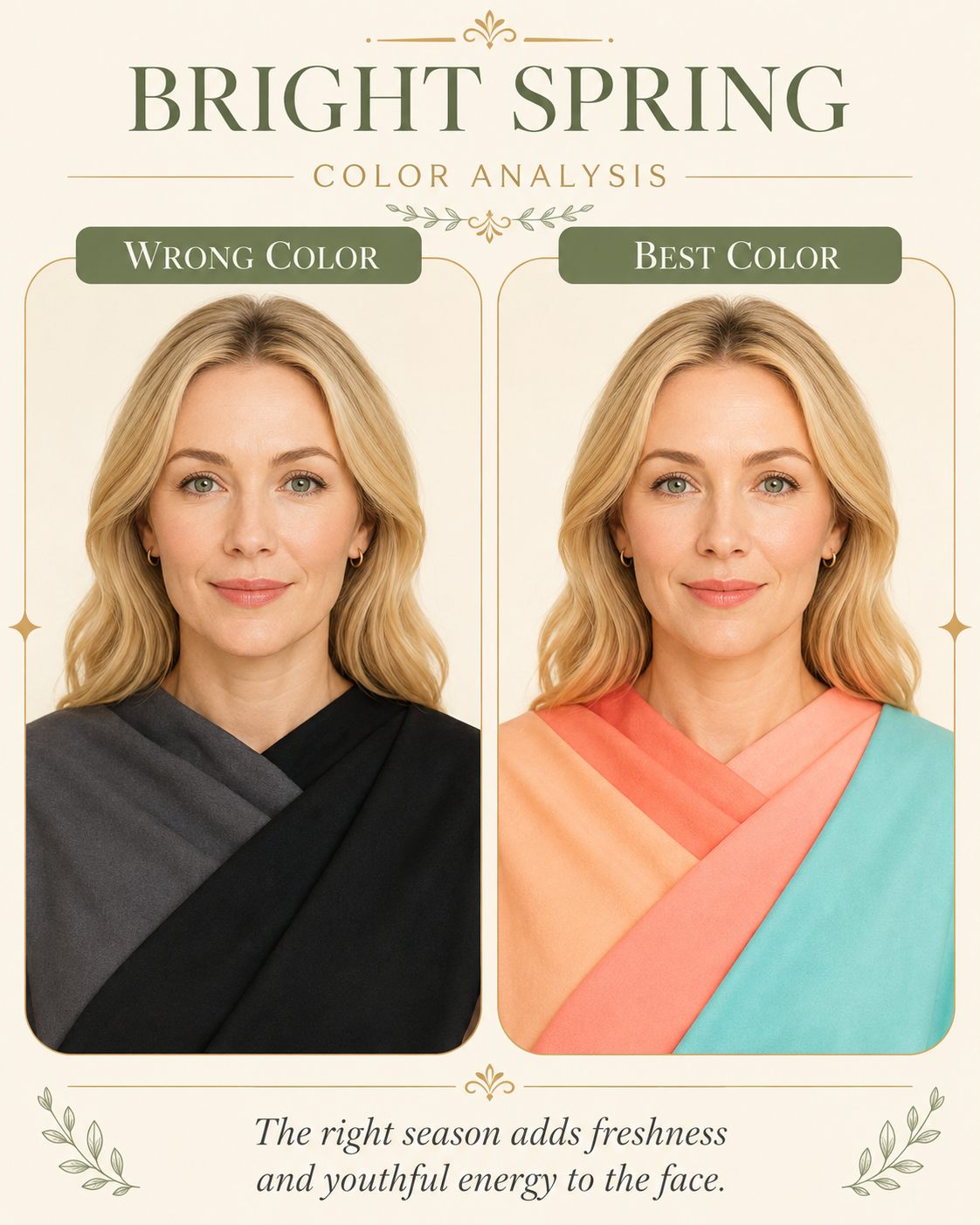Bright Spring color analysis: blonde woman, wrong (black) vs best (coral) drape