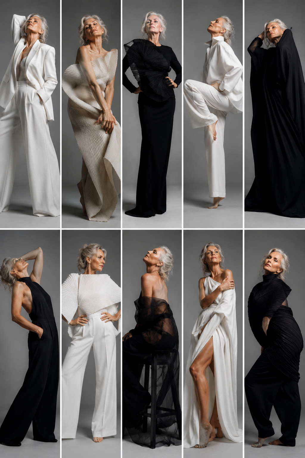 10-look grid of mature silver-haired woman in dramatic white and black gowns and jumpsuits, editorial