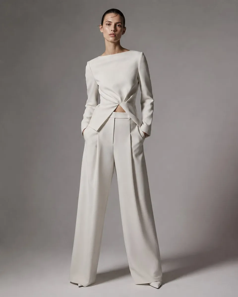 Minimalist style archetype: woman in white long-sleeve knotted top and white trousers
