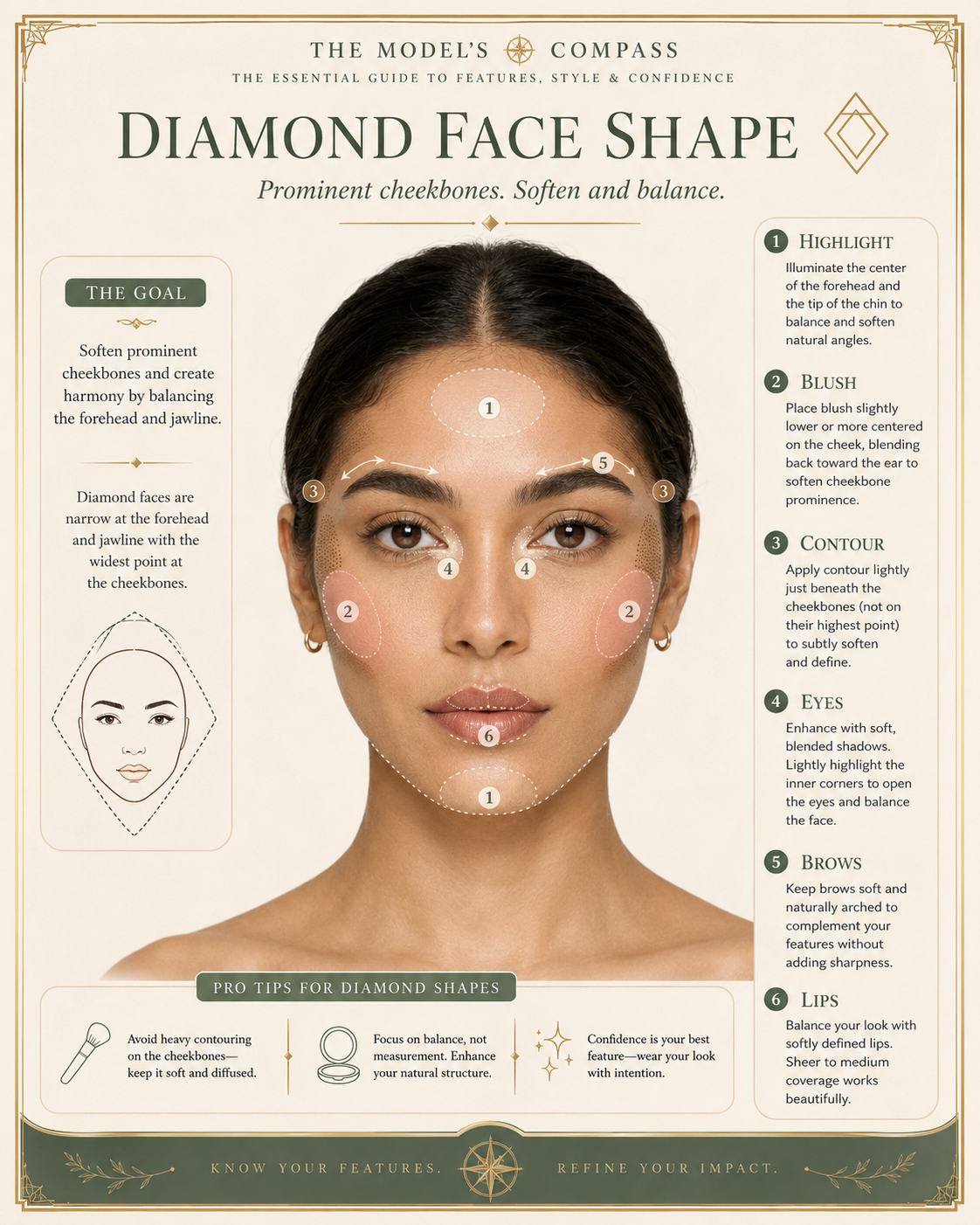 Diamond face shape makeup placement map, beauty portrait with numbered points