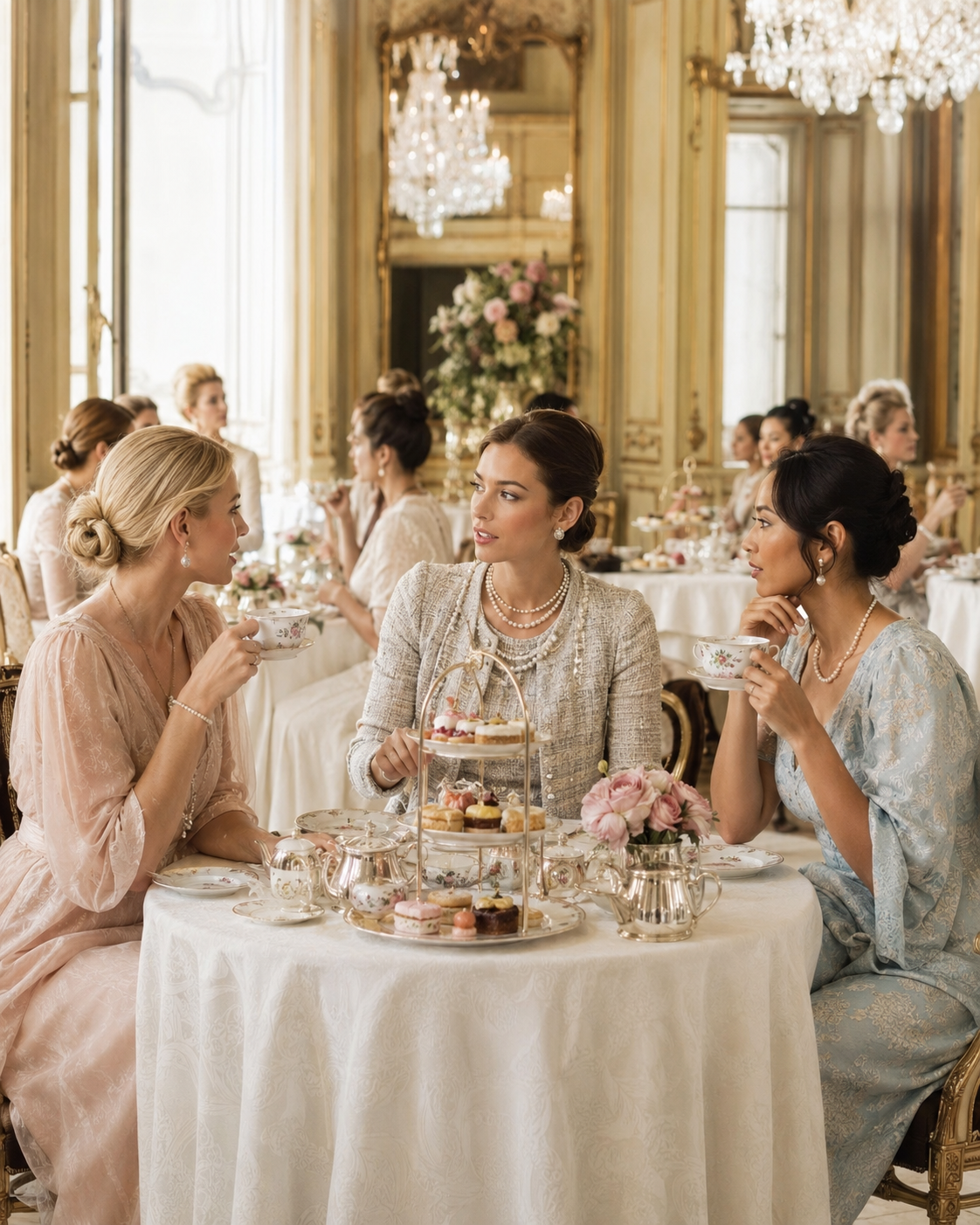 afternoon tea room in gilded salon with chandelier and florals, many women at tables, models in pastel mingling with guests