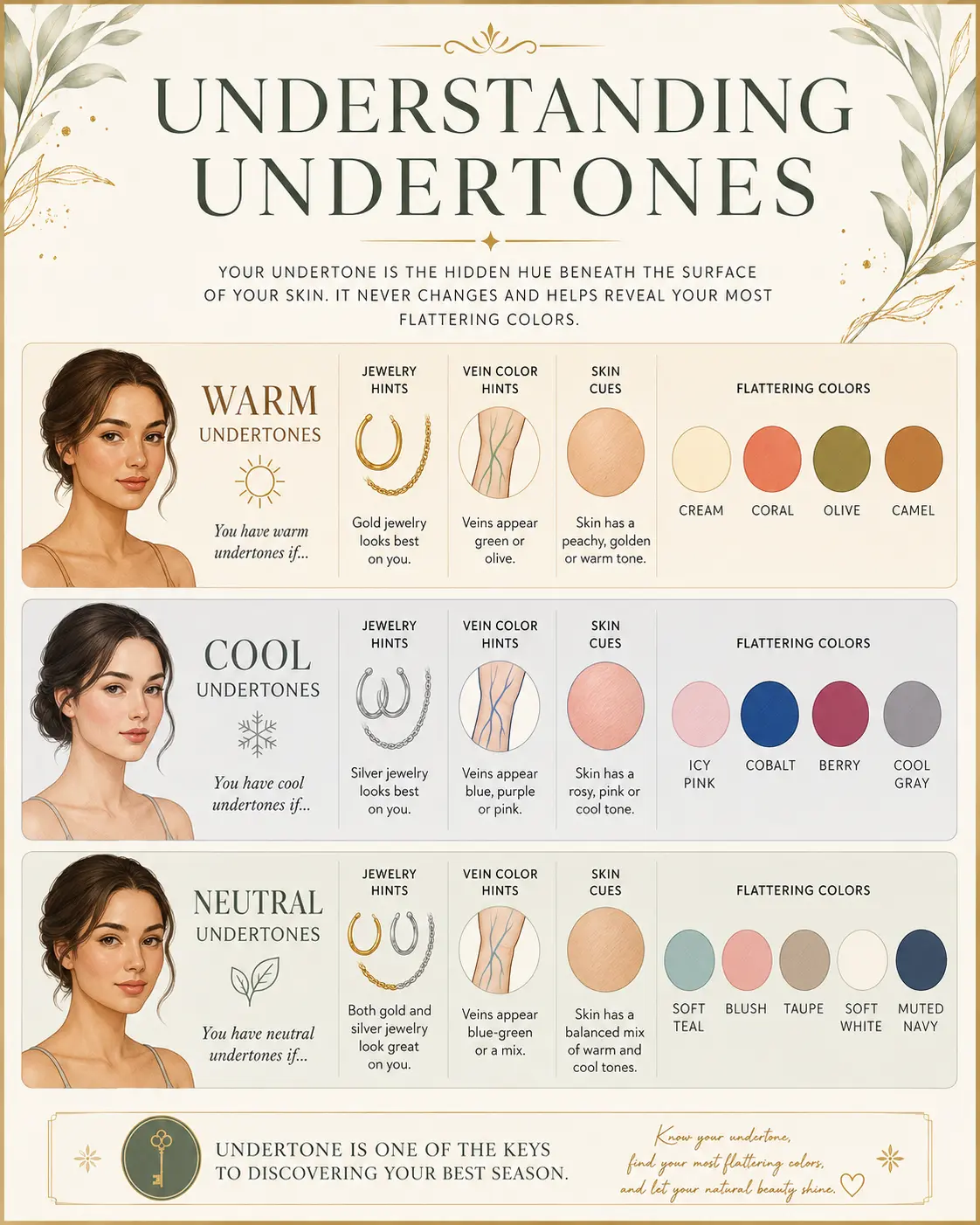 infographic: Understanding Undertones, warm/cool/neutral with jewelry and swatches