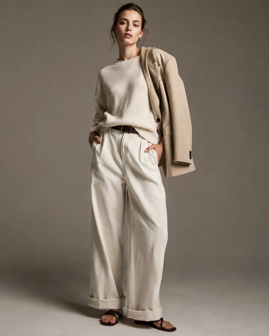 Casual style archetype: woman in cream knit and wide trousers with camel coat over shoulders