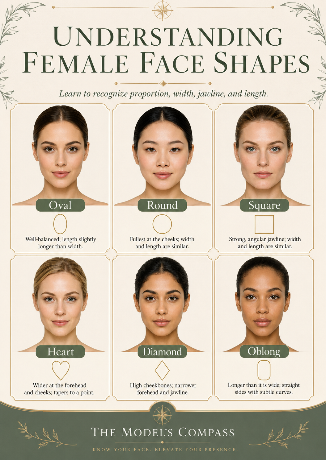infographic: Understanding Female Face Shapes, six face portraits (oval, round, square, heart, diamond, oblong)