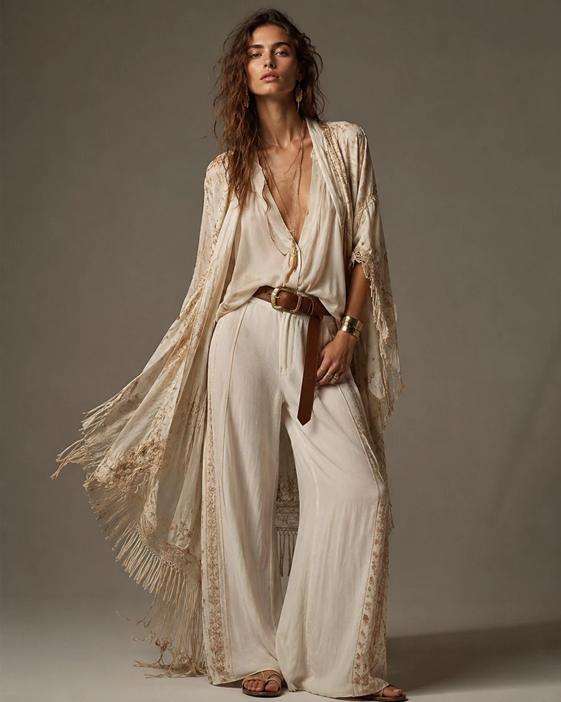 Bohemian style archetype: woman in cream fringed kimono, belted, wide trousers